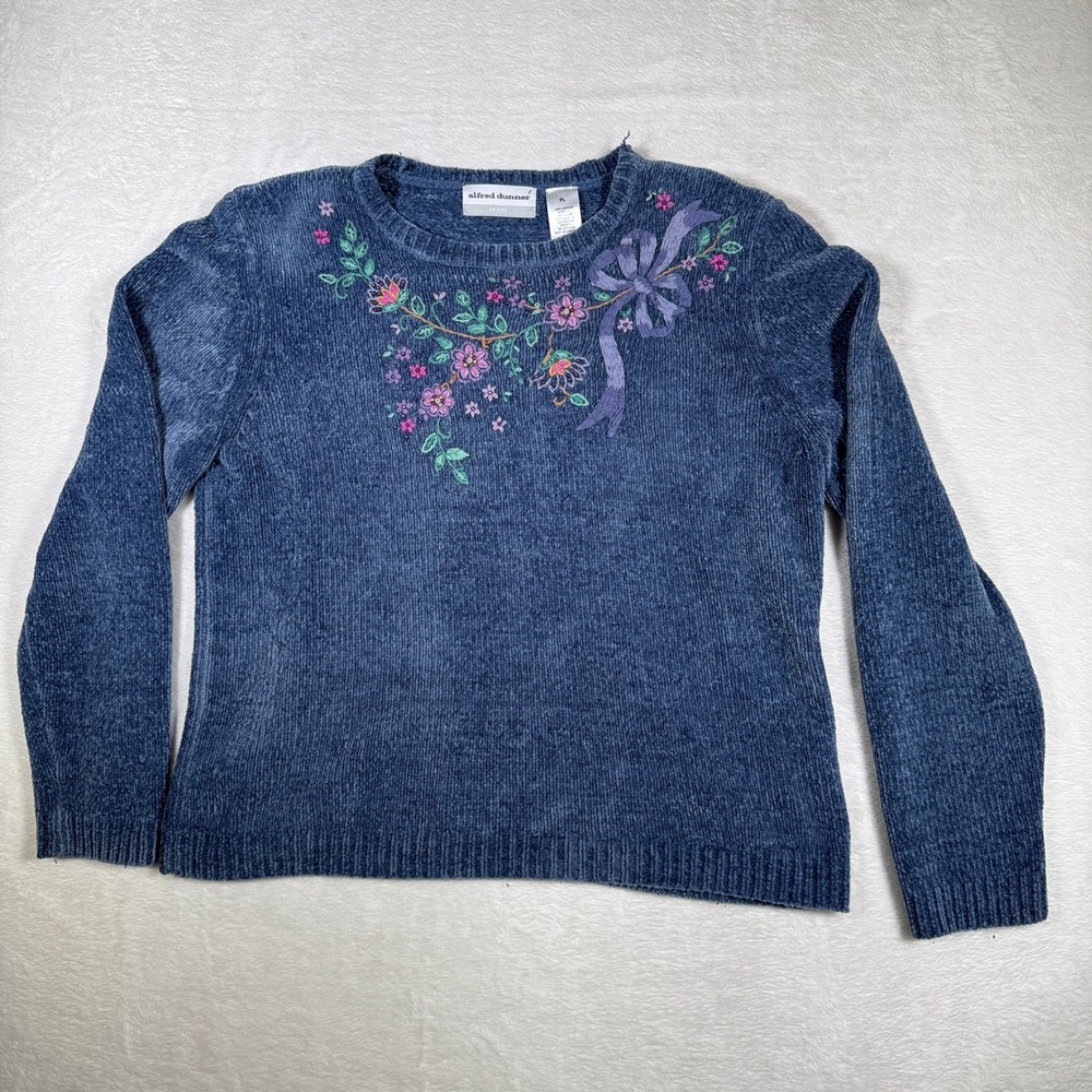 Alfred Dunner Petite Blue Chenille‎ Floral Bow Embroidered Pullover Sweater PL